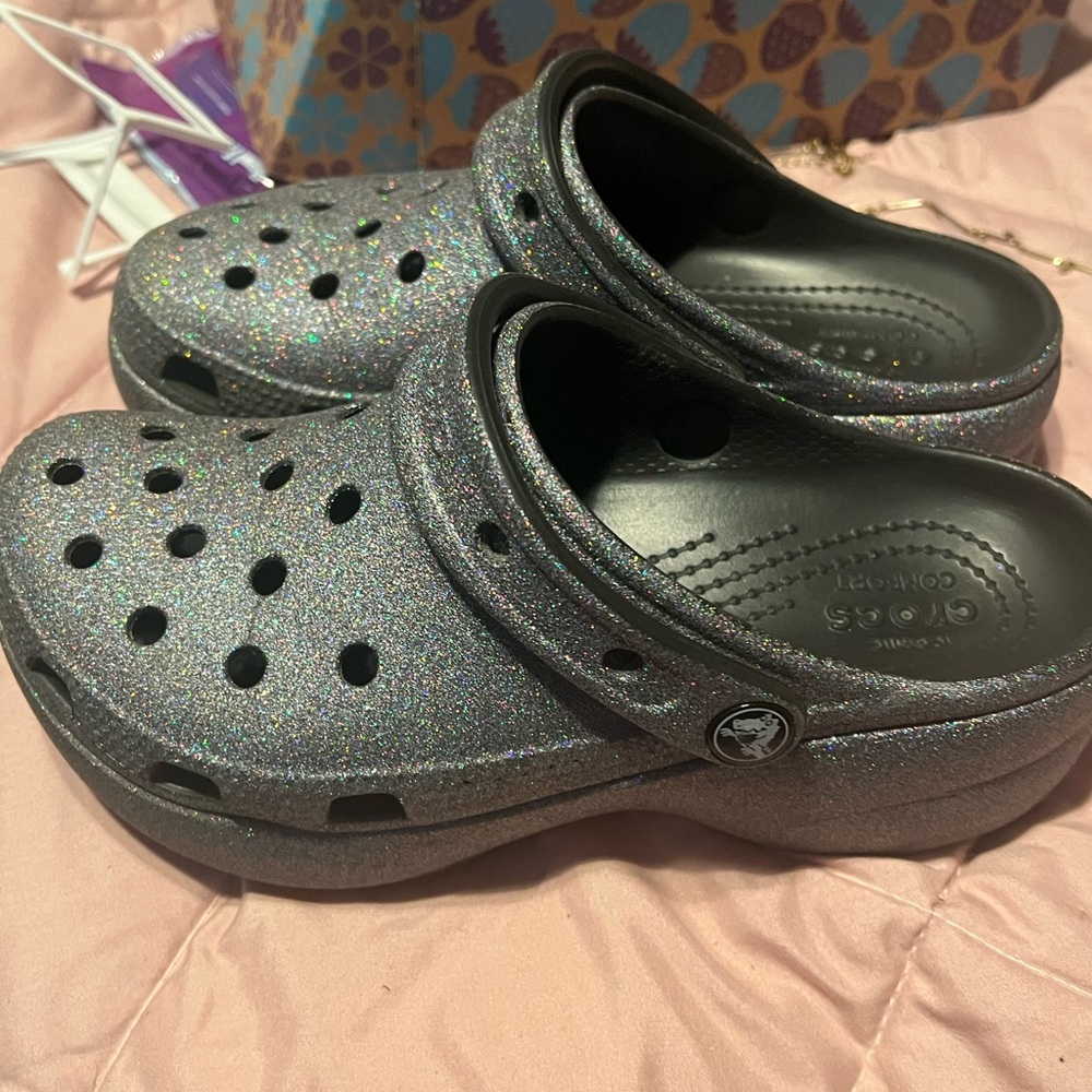 Silver/Black glitter platform crocs